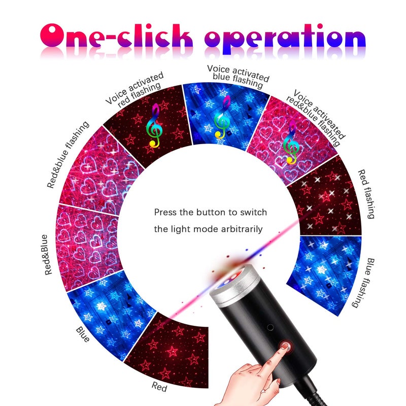 Crefotu USB Star Night Light,9 Functional Modes | 24 Lighting Effects,Sound Activated Strobe Atmosphere Decorations for Car Interior,Ceiling, Bedroom, Party and More (Blue&Red) - Image 5
